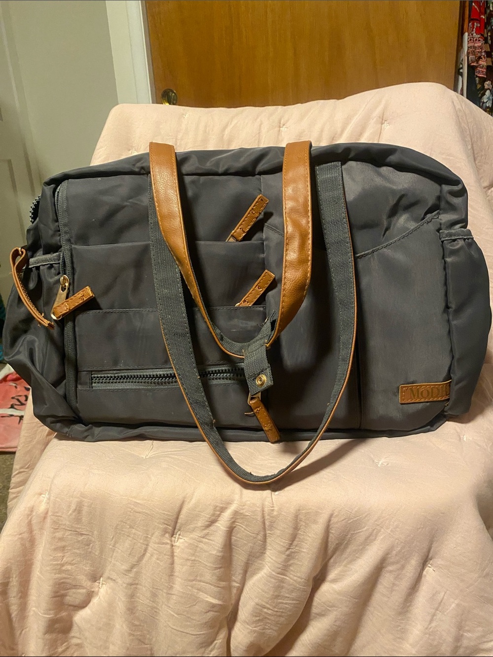 Gray diaper Bag with Brown Trim